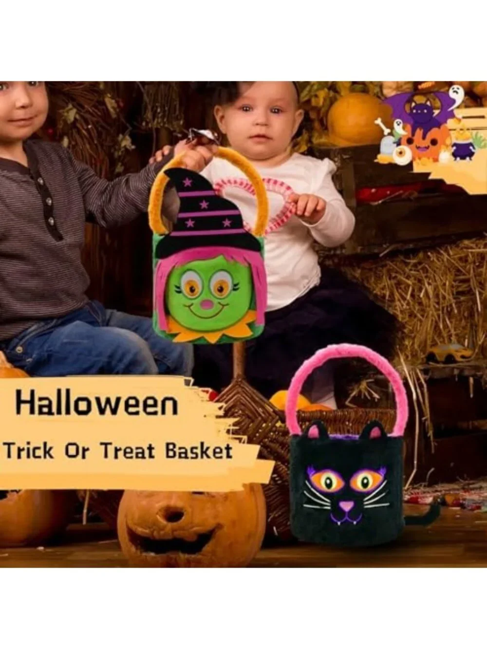 Set of 2 Plush Halloween Trick or Treat Bags - Witch & Black Cat Candy Buckets